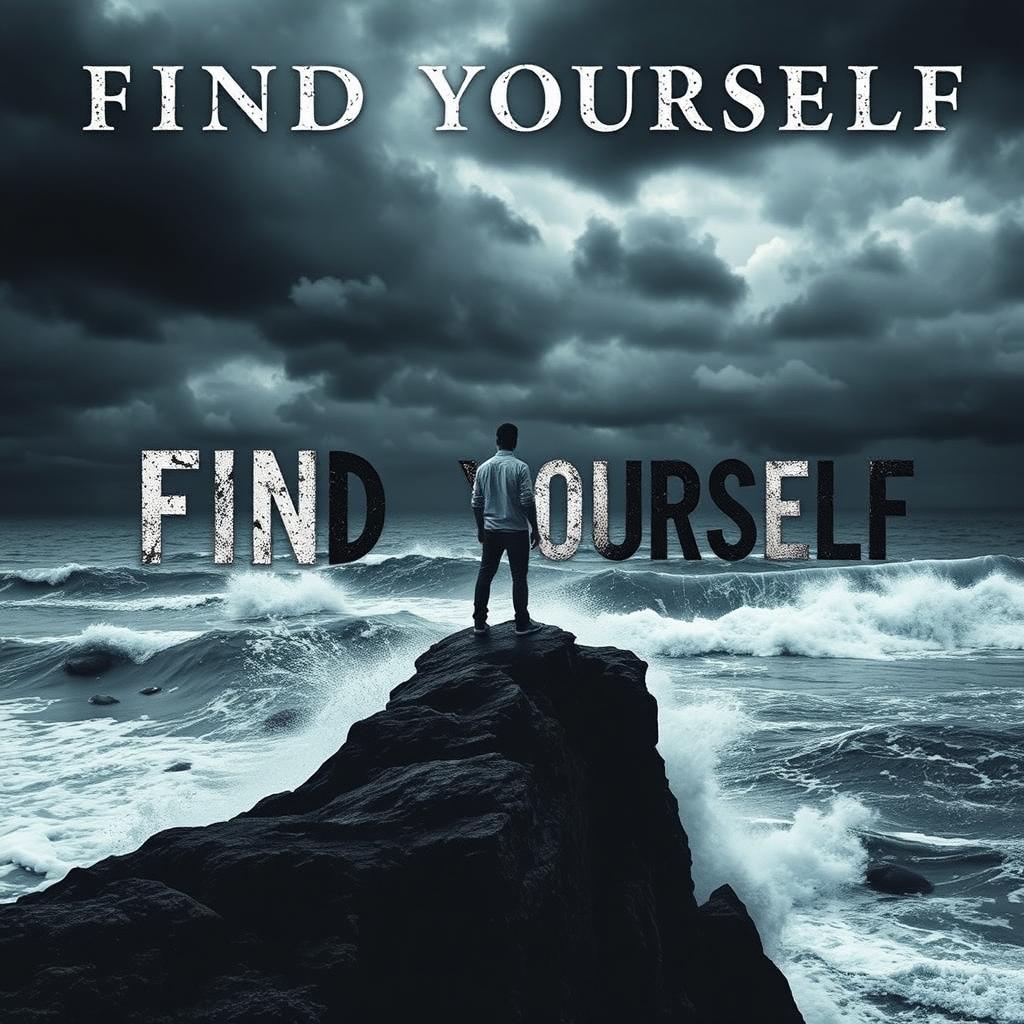 A powerful and evocative album cover for a rock album titled 'Find Yourself'