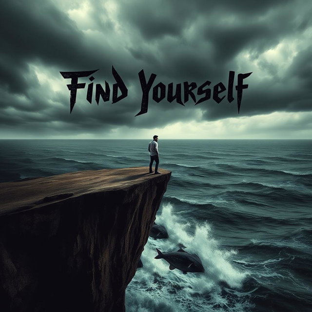 A powerful and evocative album cover for a rock album titled 'Find Yourself'