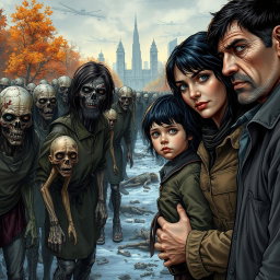 A dramatic scene depicting a family of three on the right side: a father, a mother, and a young boy, all with black hair and dressed in old, tattered clothes