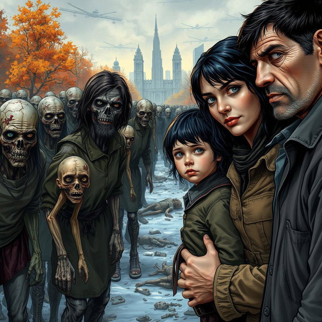 A dramatic scene depicting a family of three on the right side: a father, a mother, and a young boy, all with black hair and dressed in old, tattered clothes