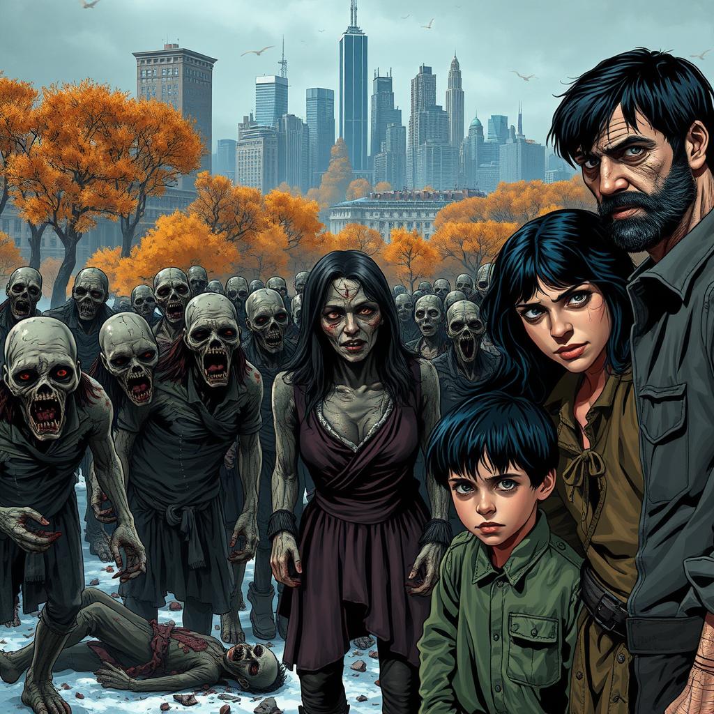 A dramatic scene depicting a family of three on the right side: a father, a mother, and a young boy, all with black hair and dressed in old, tattered clothes