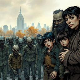 A dramatic scene depicting a family of three on the right side: a father, a mother, and a young boy, all with black hair and dressed in old, tattered clothes