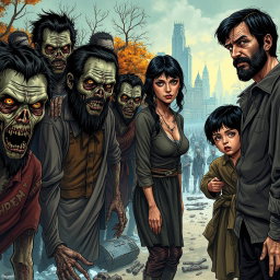 A dramatic scene depicting a family of three on the right side: a father, a mother, and a young boy, all with black hair and dressed in old, tattered clothes