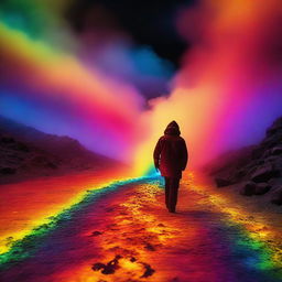 A bold individual trudging over a vibrant rainbow-colored path of hot coals, illuminating the surrounding with ethereal glow.