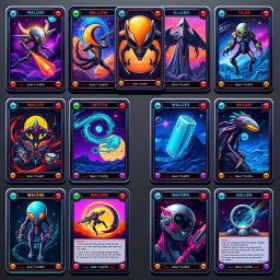 A collection of 12 stunning pixel art futuristic hologram TCG cards, each featuring unique designs and vibrant colors