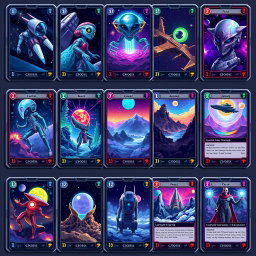 A collection of 12 stunning pixel art futuristic hologram TCG cards, each featuring unique designs and vibrant colors