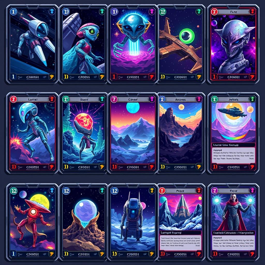 A collection of 12 stunning pixel art futuristic hologram TCG cards, each featuring unique designs and vibrant colors