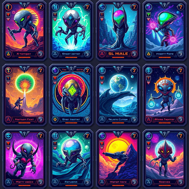 A collection of 12 stunning pixel art futuristic hologram TCG cards, each featuring unique designs and vibrant colors