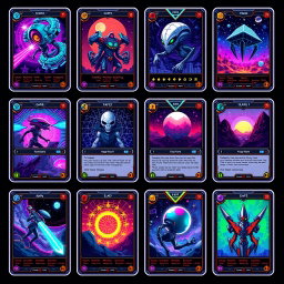 A collection of 12 stunning pixel art futuristic hologram TCG cards, each featuring unique designs and vibrant colors