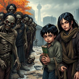A scene depicting a family of three on the right side: a father, a mother, and a young boy, all with black hair, dressed in old, tattered clothing, conveying a sense of struggle