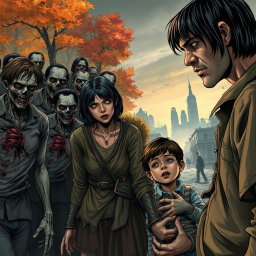 A scene depicting a family of three on the right side: a father, a mother, and a young boy, all with black hair, dressed in old, tattered clothing, conveying a sense of struggle