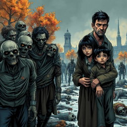 A scene depicting a family of three on the right side: a father, a mother, and a young boy, all with black hair, dressed in old, tattered clothing, conveying a sense of struggle