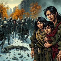 A scene depicting a family of three on the right side: a father, a mother, and a young boy, all with black hair, dressed in old, tattered clothing, conveying a sense of struggle
