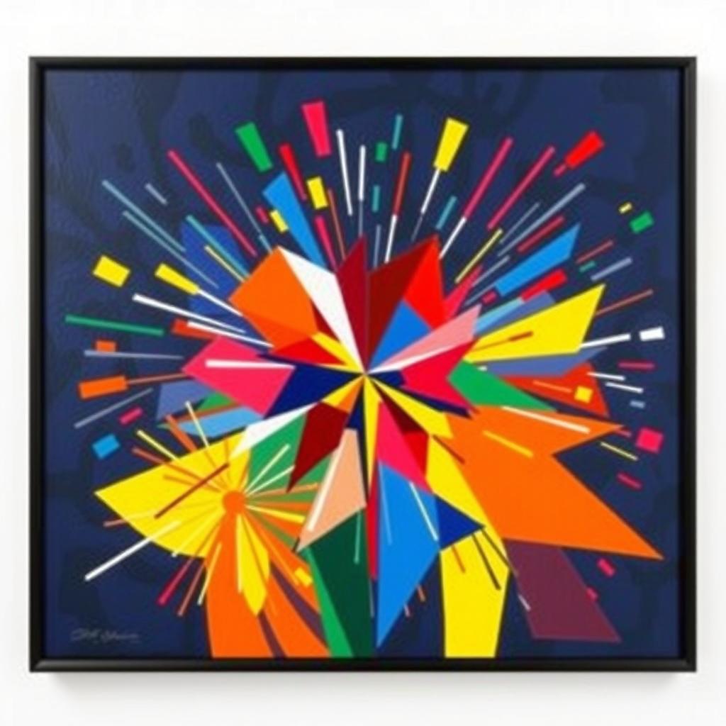 A vibrant cubism painting of fireworks exploding in the night sky, featuring an array of fragmented shapes and bold colors to represent the festive display