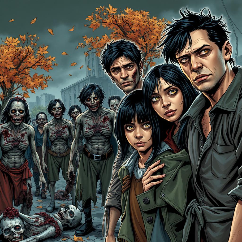 In a semi-realistic comic style reminiscent of Alex Ross, depict a family of three on the right side of the image: a father, mother, and a boy, all with black hair and wearing tattered old clothes, showing a sense of vulnerability in their expressions