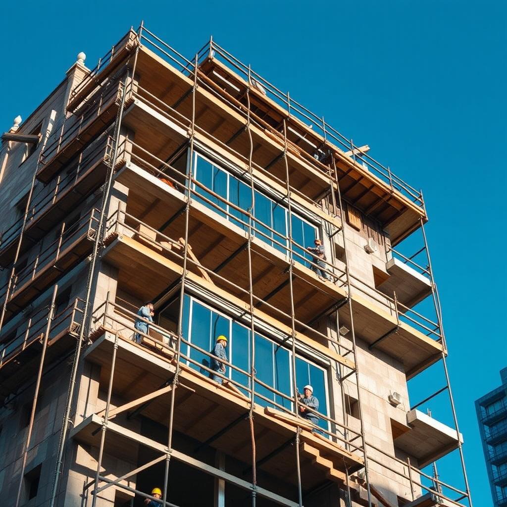 A close-up view of a seven-storey building under construction, showcasing detailed architecture, scaffolding, and workers actively engaged in the building process