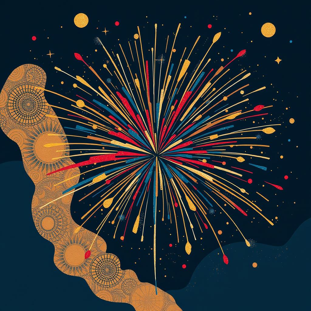 An artistic representation of a firework explosion, depicted in a symbolism style