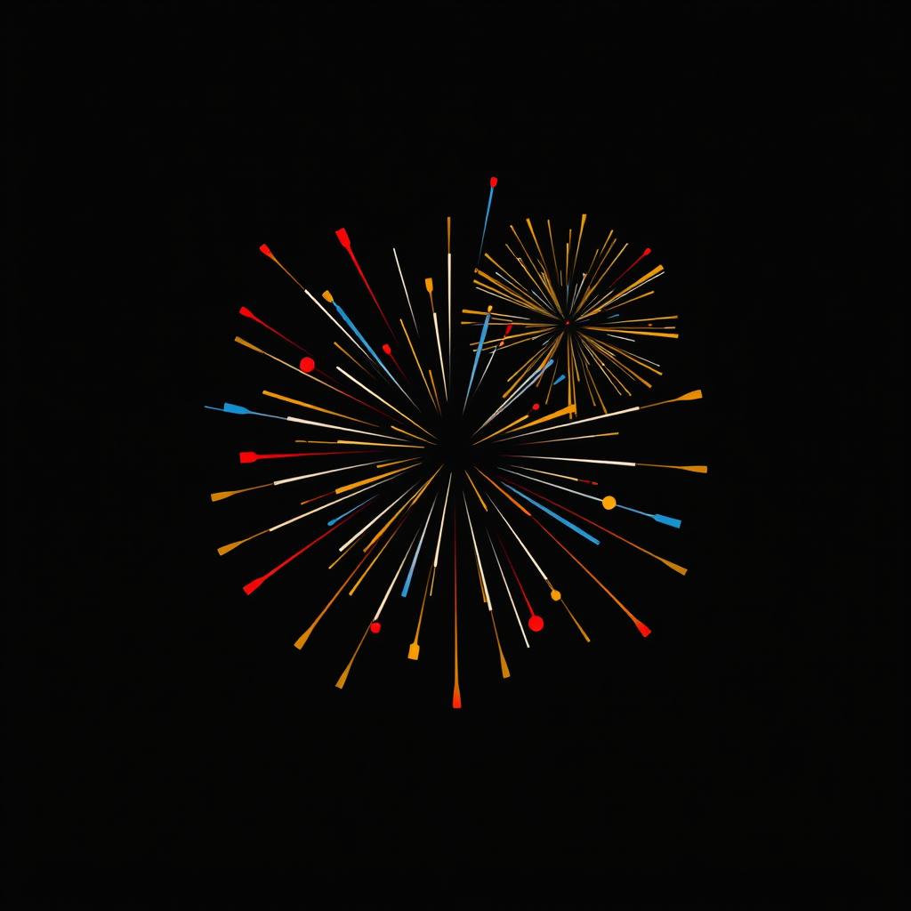A minimalistic representation of a firework explosion with simple geometric shapes and lines, featuring bright colors like red, blue, and gold against a plain black background