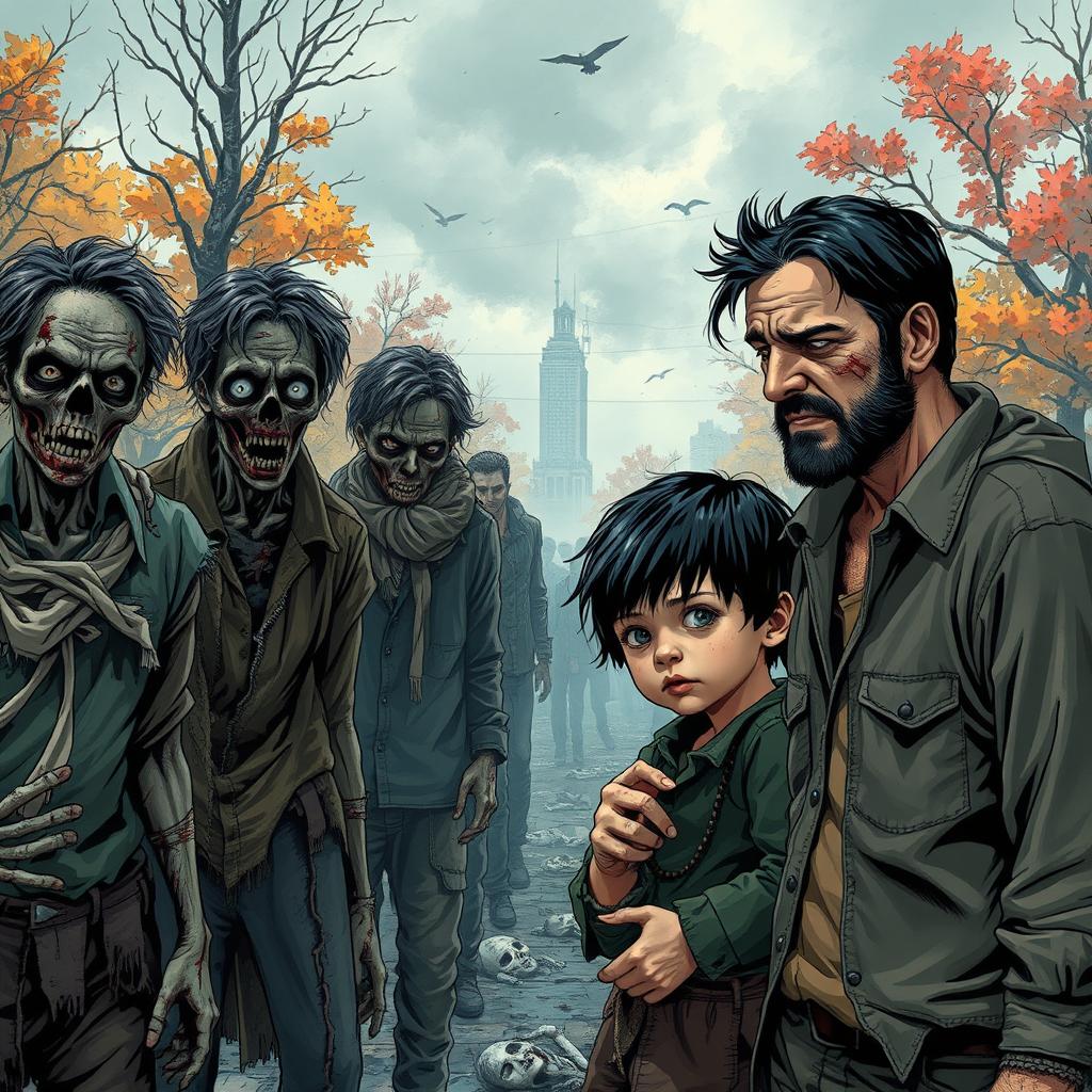 In a post-apocalyptic scene, a family of three on the right: a father, mother, and young boy, all with black hair, dressed in old, tattered clothes, conveying vulnerability and resilience