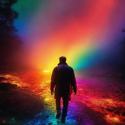 A bold individual trudging over a vibrant rainbow-colored path of hot coals, illuminating the surrounding with ethereal glow.