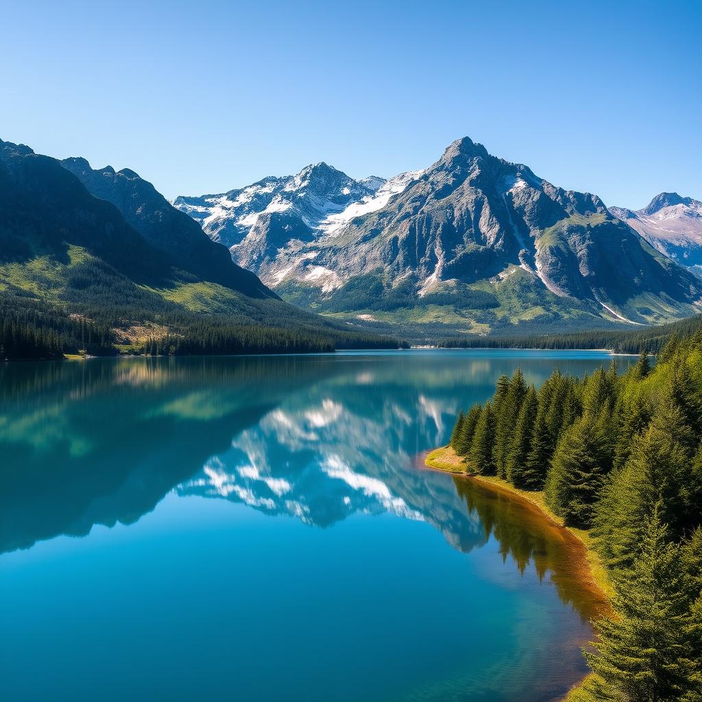 A serene landscape photograph featuring a peaceful lake surrounded by majestic mountains under a clear blue sky
