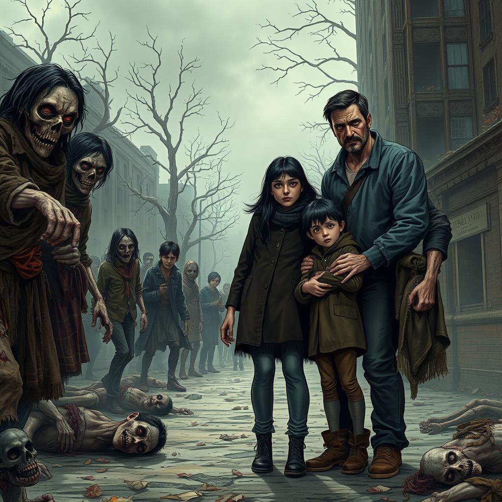In a somber, abandoned city setting veiled in an autumn chill, a family of three stands together on the right: a father, mother, and a young boy, all with black hair, dressed in tattered old clothes that hint at a bygone era