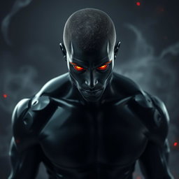 A striking figure of a man, completely covered in a deep, glossy black shade, with an ethereal presence