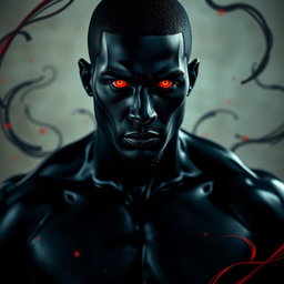 A striking figure of a man, completely covered in a deep, glossy black shade, with an ethereal presence