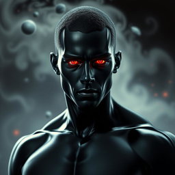 A striking figure of a man, completely covered in a deep, glossy black shade, with an ethereal presence