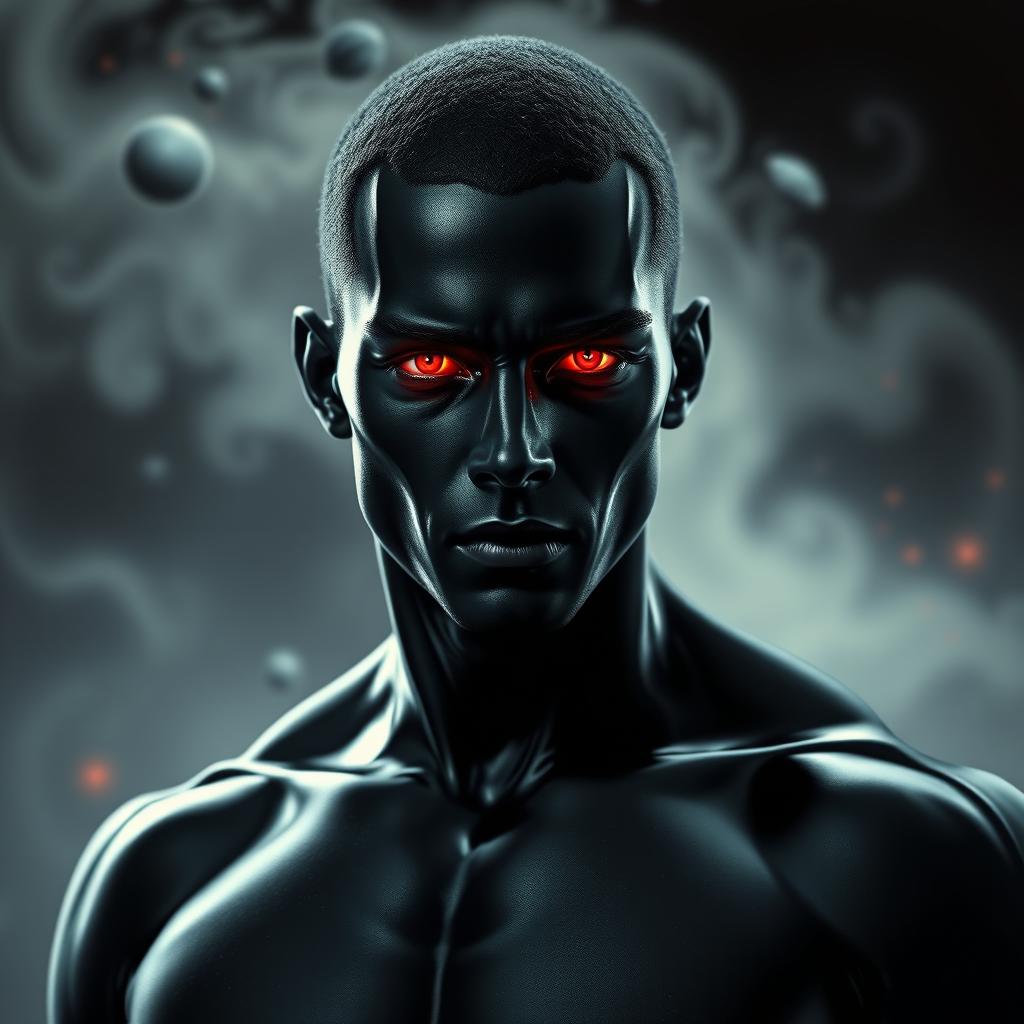 A striking figure of a man, completely covered in a deep, glossy black shade, with an ethereal presence