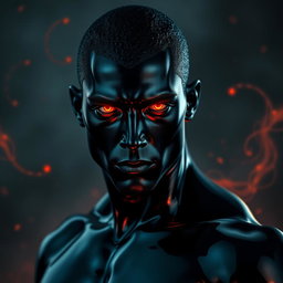 A striking figure of a man, completely covered in a deep, glossy black shade, with an ethereal presence