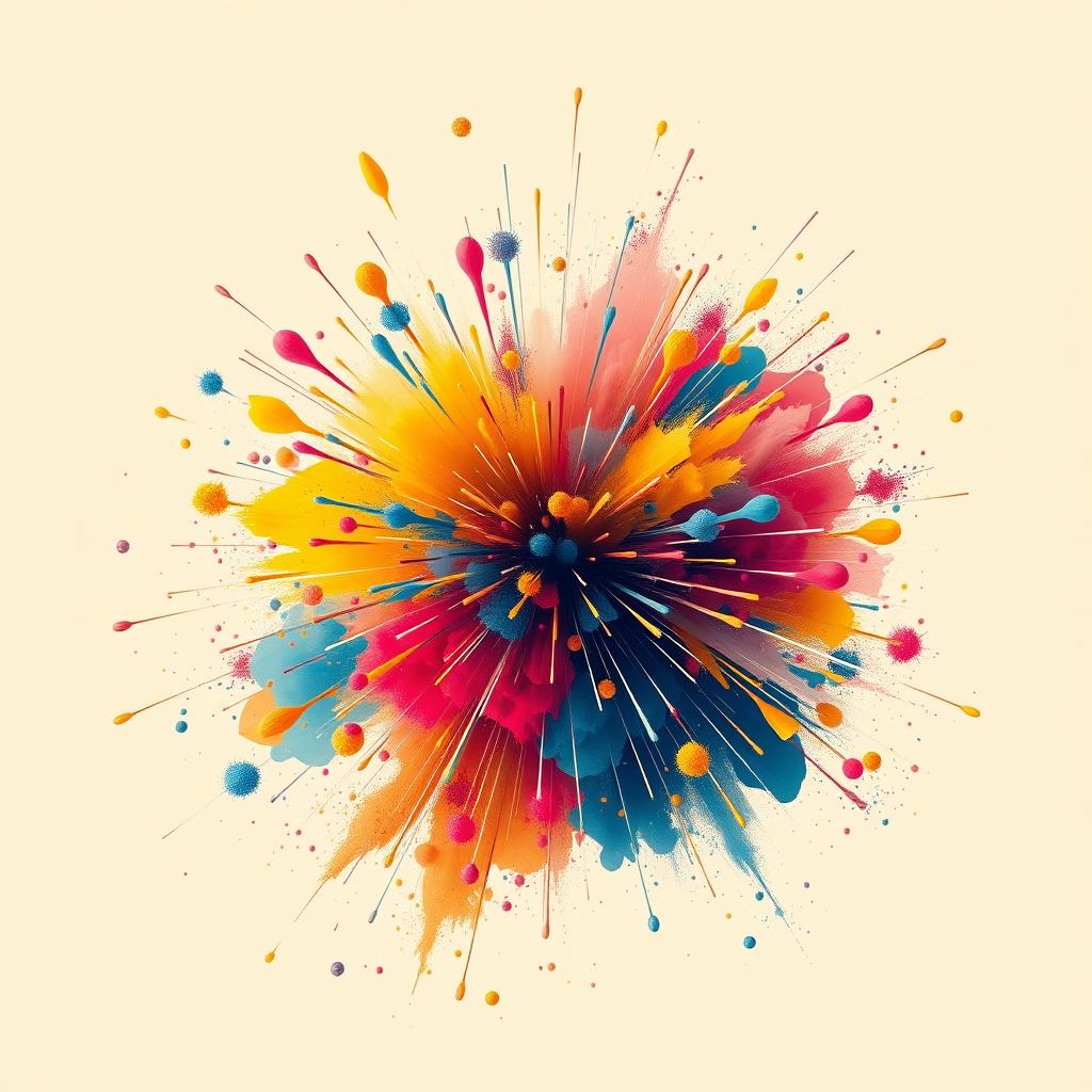 A conceptual art interpretation of a firework explosion, using abstract forms and vibrant splashes of color to convey emotion and energy
