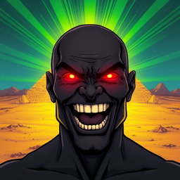 A comic-style illustration of a man completely black in color, bald with a toothy grin that reveals his wide-open mouth