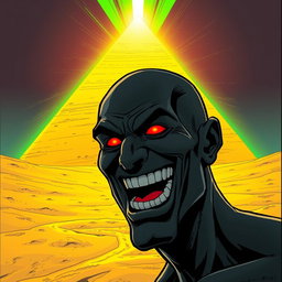 A comic-style illustration of a man completely black in color, bald with a toothy grin that reveals his wide-open mouth
