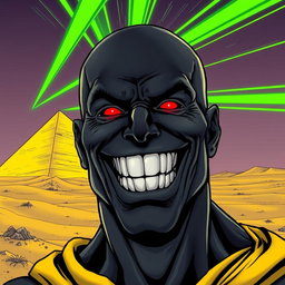 A comic-style illustration of a man completely black in color, bald with a toothy grin that reveals his wide-open mouth