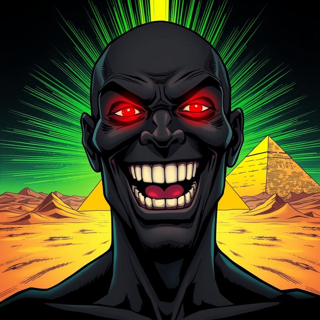 A comic-style illustration of a man completely black in color, bald with a toothy grin that reveals his wide-open mouth