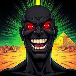 A comic-style illustration of a man completely black in color, bald with a toothy grin that reveals his wide-open mouth