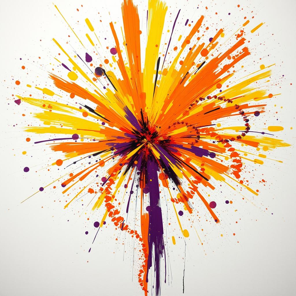 An abstract expressionism depiction of a firework, showcasing dynamic brush strokes and explosive color splatters that embody the passion and chaos of a fireworks display