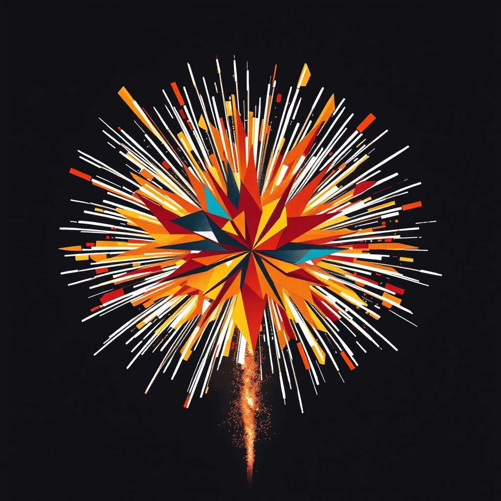 A cubist interpretation of a firework, featuring fragmented geometric shapes and interlocking dimensions to portray the explosive beauty of a fireworks display
