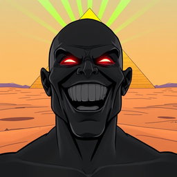 A comic-style illustration of a man completely black in color, bald, with a wide-open mouth displaying a toothy grin and glowing red eyes that convey an intense expression