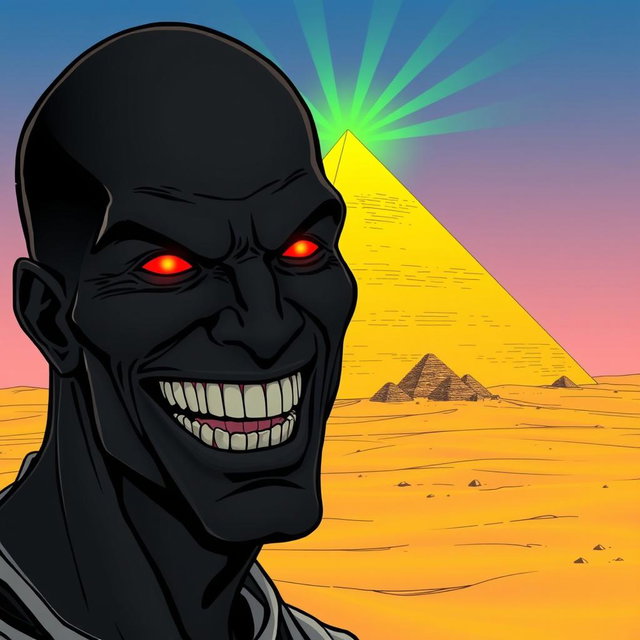 A comic-style illustration of a man completely black in color, bald, with a wide-open mouth displaying a toothy grin and glowing red eyes that convey an intense expression