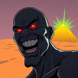 A comic-style illustration of a man completely black in color, bald, with a wide-open mouth displaying a toothy grin and glowing red eyes that convey an intense expression