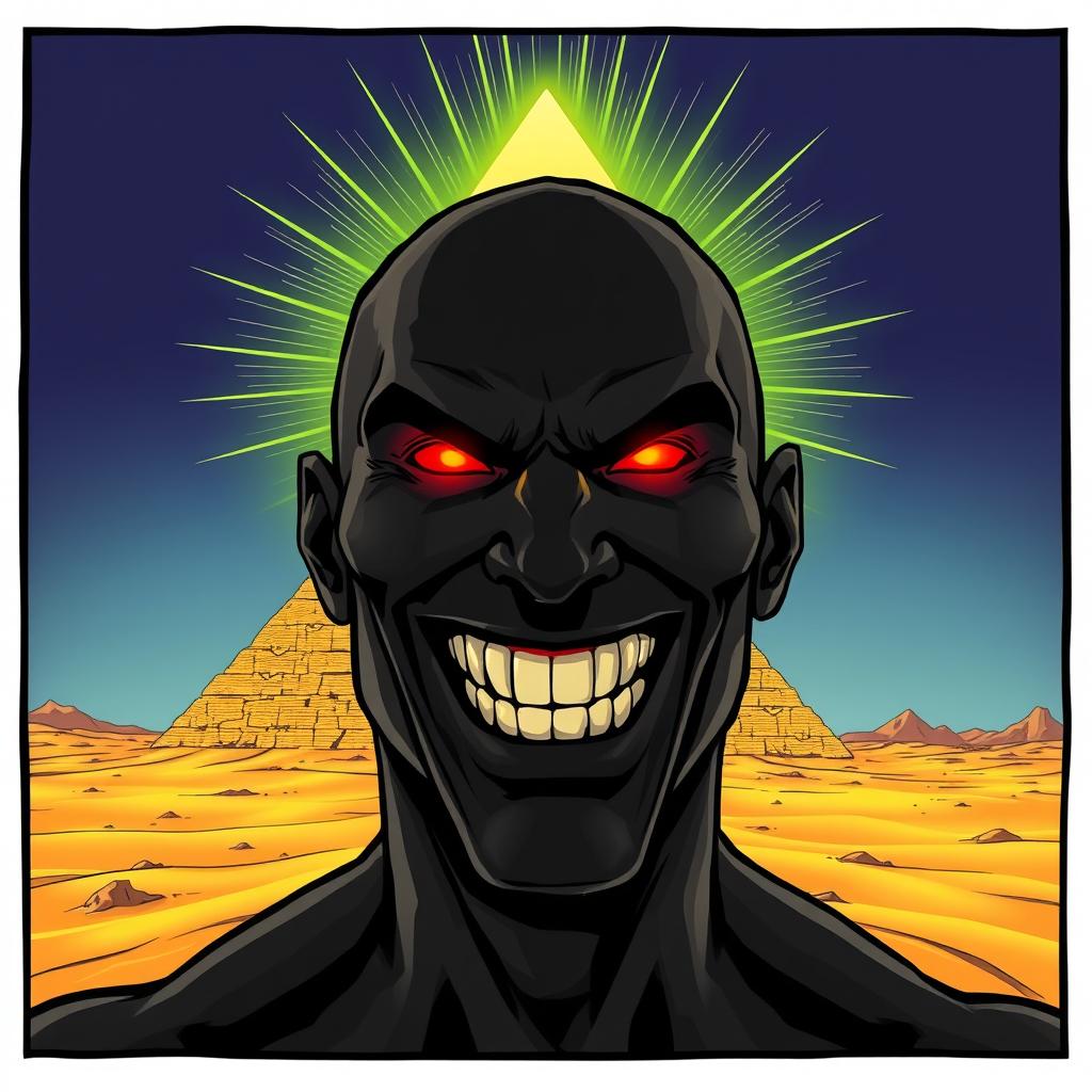 A comic-style illustration of a man completely black in color, bald, with a wide-open mouth displaying a toothy grin and glowing red eyes that convey an intense expression