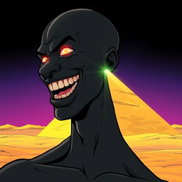 A comic-style illustration of a man completely black in color, bald, with a wide-open mouth revealing his toothy grin and glowing red eyes