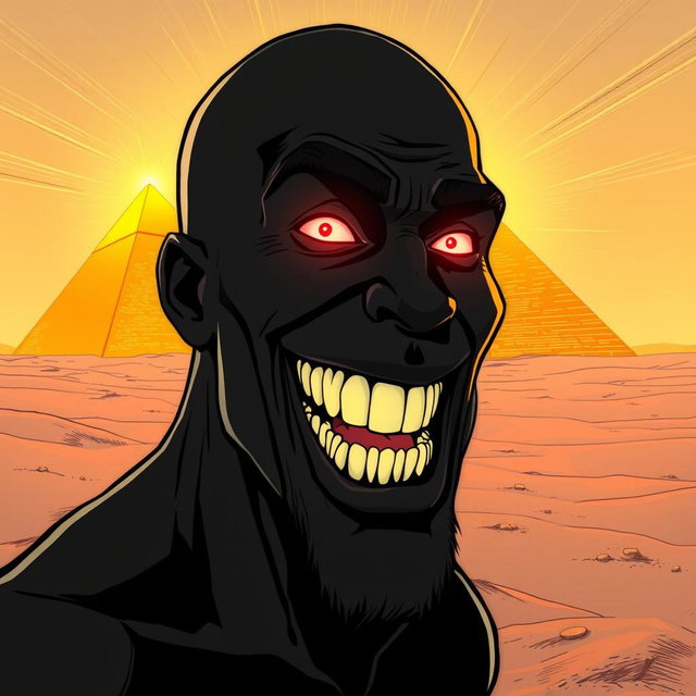 A comic-style illustration of a man completely black in color, bald, with a wide-open mouth revealing his toothy grin and glowing red eyes