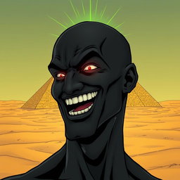 A comic-style illustration of a man completely black in color, bald, with a wide-open mouth revealing his toothy grin and glowing red eyes