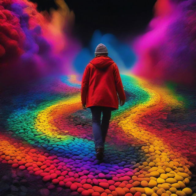 A bold individual trudging over a vibrant rainbow-colored path of hot coals, illuminating the surrounding with ethereal glow.