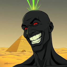 A comic-style illustration of a man completely black in color, bald, with a wide-open mouth revealing his toothy grin and glowing red eyes