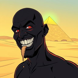 A comic-style illustration of a man completely black in color, bald, with a wide-open toothy grin and glowing red eyes