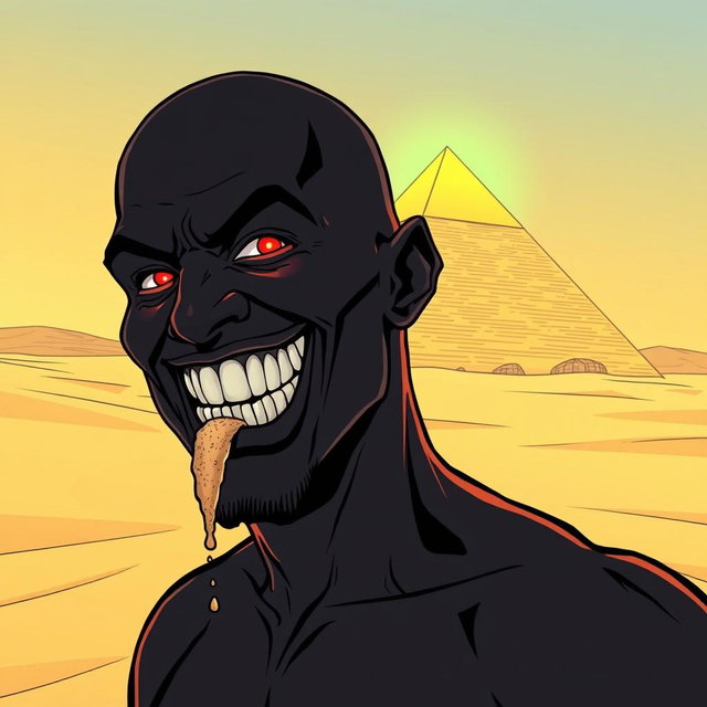 A comic-style illustration of a man completely black in color, bald, with a wide-open toothy grin and glowing red eyes